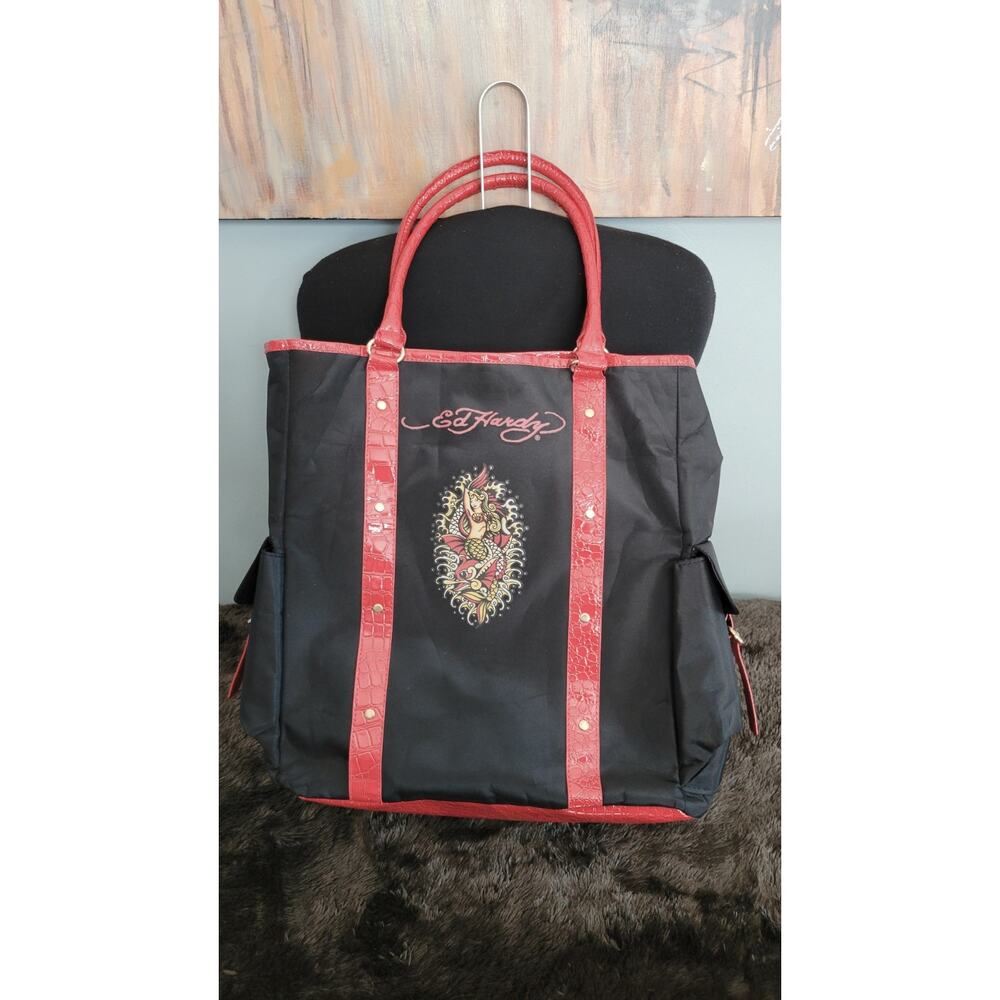 Vintage Ed Hardy Mermaid Tote Bag Y2K McBling Tattoo Shoulder Purse Black Red